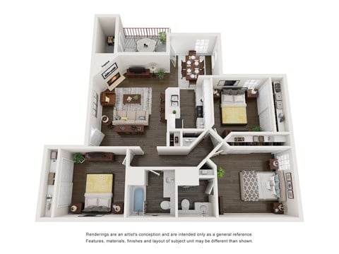 Floor plan for 3 beds, 2 baths, 1036 sqft